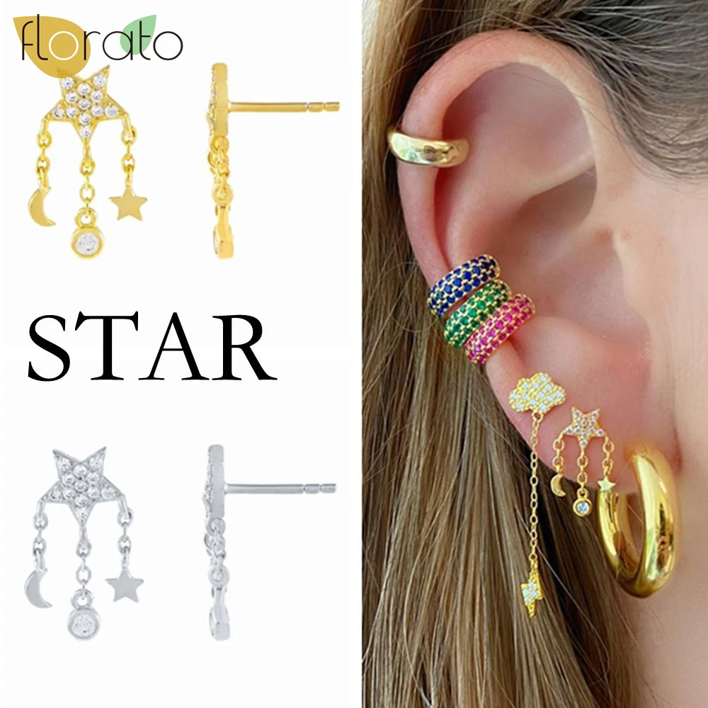

925 Sterling Silver Ear Needle Fashionable Earrings Inlaid Diamonds Sun Moon Stars Five Pointed Stars Earrings for Women Jewelry