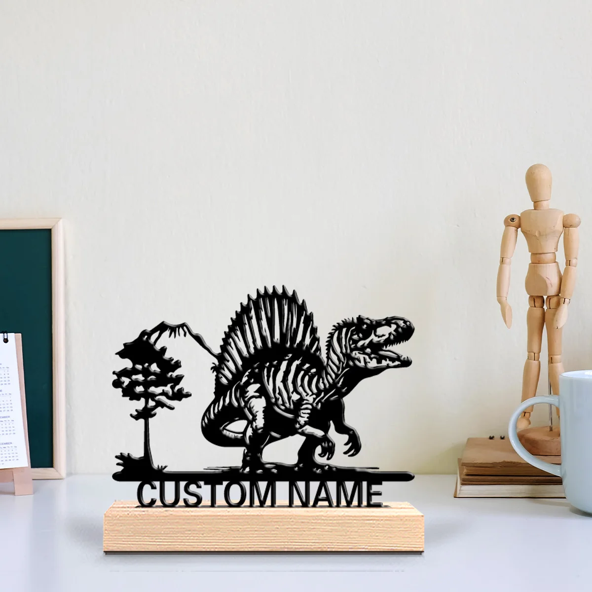 1pc Modern Dinosaur Customized Letter  Iron Ornament Art Crafts With Wood Base Iron Statue With Wood Base For Office Room Decor