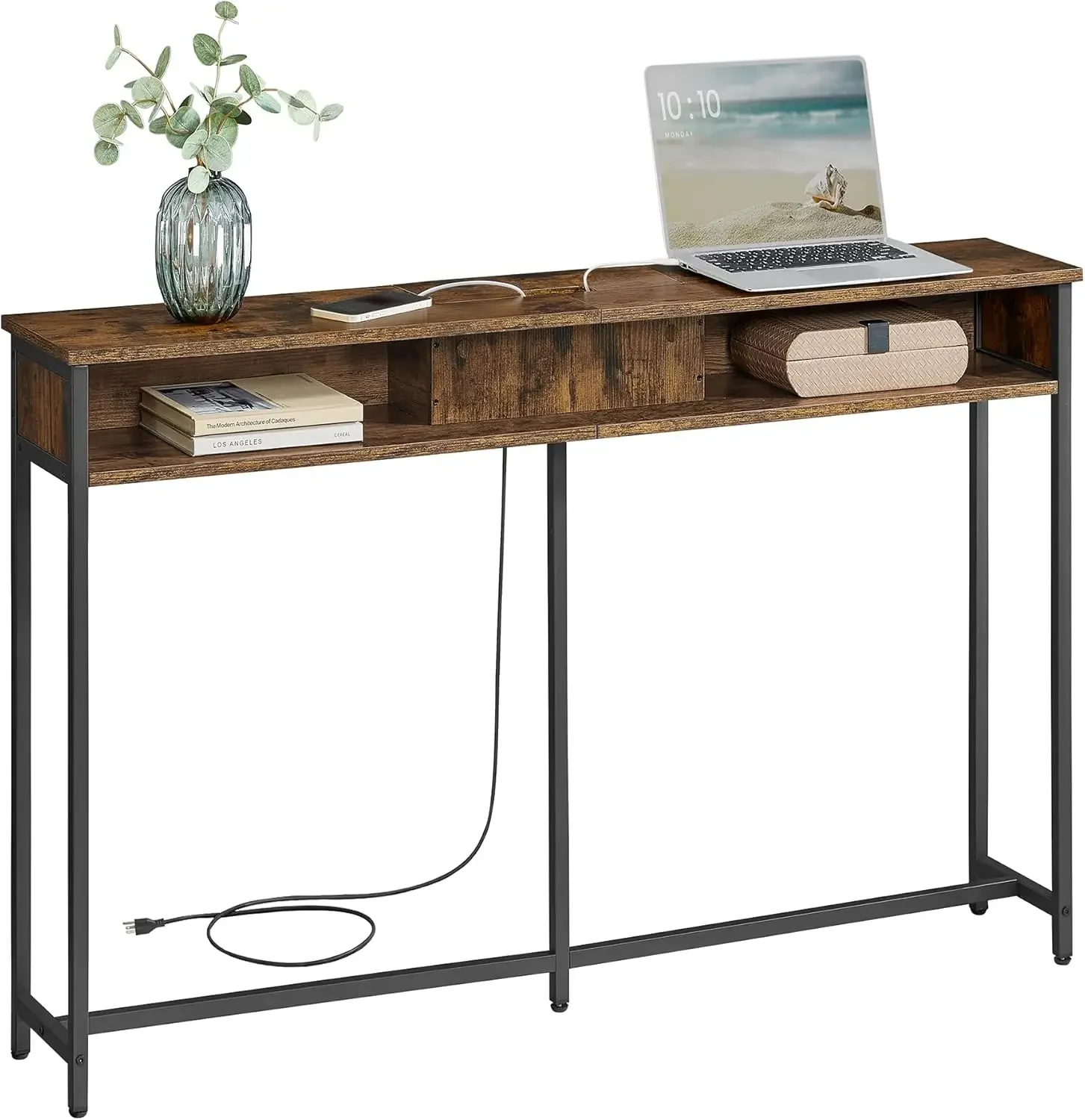 

55.1-Inch Console Table with Outlet and Shelves, Sofa Table with Charging Station, Behind Couch Skinny
