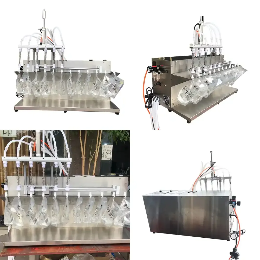 

Desktop Cheap Gear Pump Pure Milk Oil Spout Bag Filling Machine 6 Heads Nozzles Bottle Filler