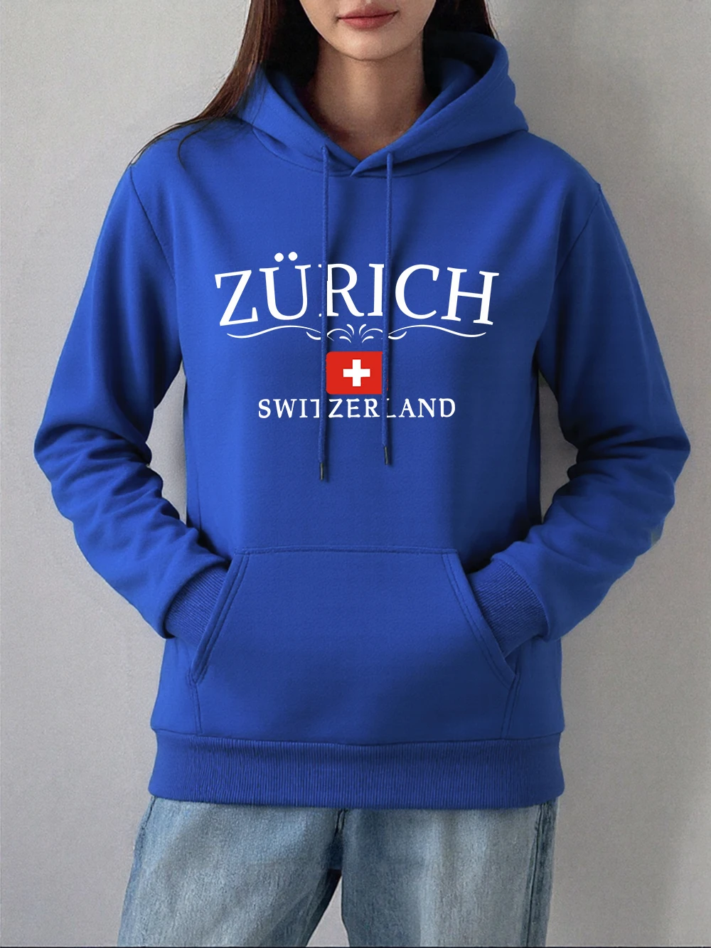 Sudaderas con capucha con estampado de bandera de Suiza de zozrich, jerséis holgados informales para mujer, sudaderas básicas con bolsillo, ropa cálida de lana para otoño para mujer