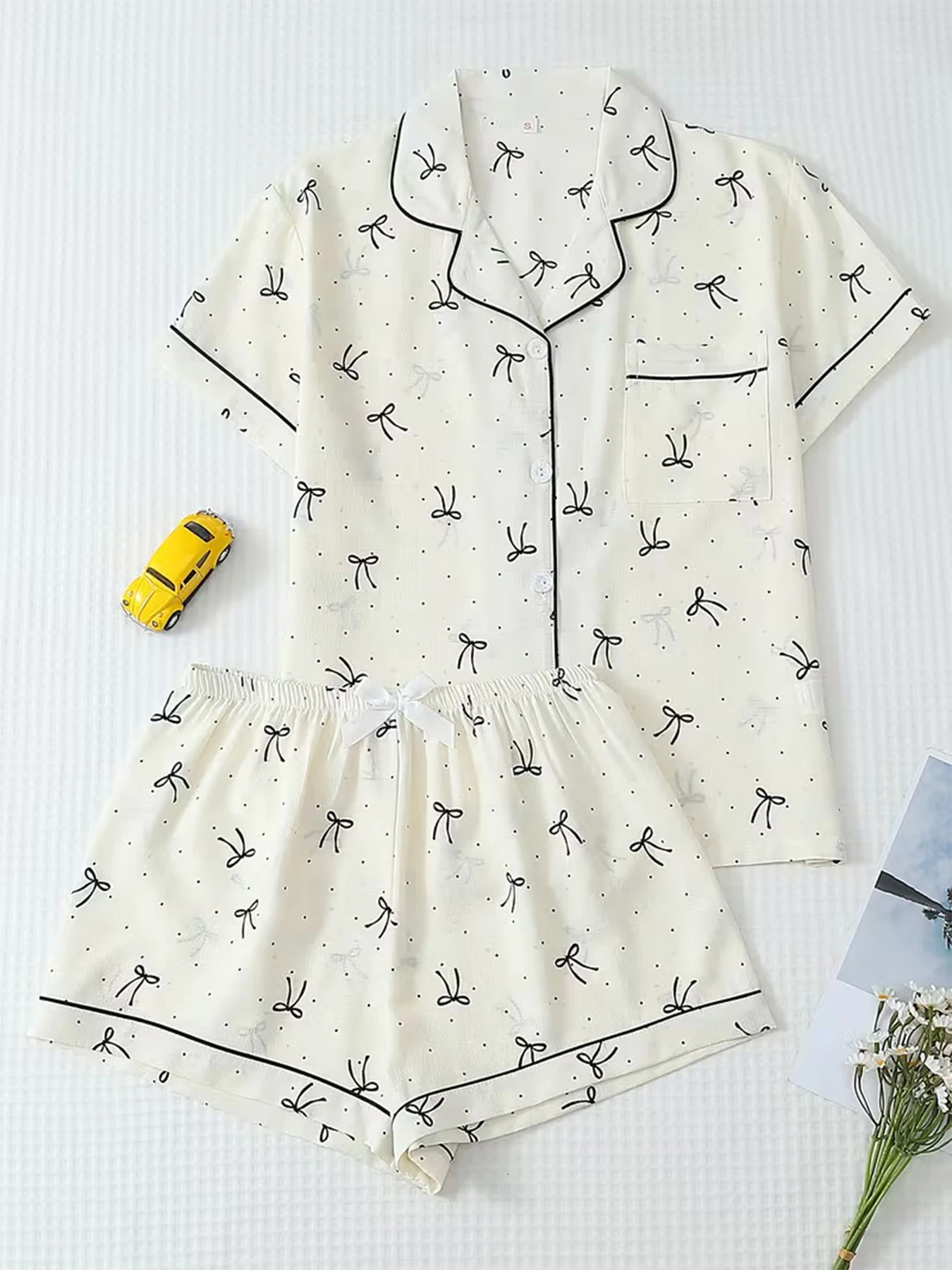 Loungewear Women Pajamas Cardigan Lapel Short Sleeve Shorts Two Piece Set Spring Summer Simple Cream Base Black Bow Polka Dot Lo image 4