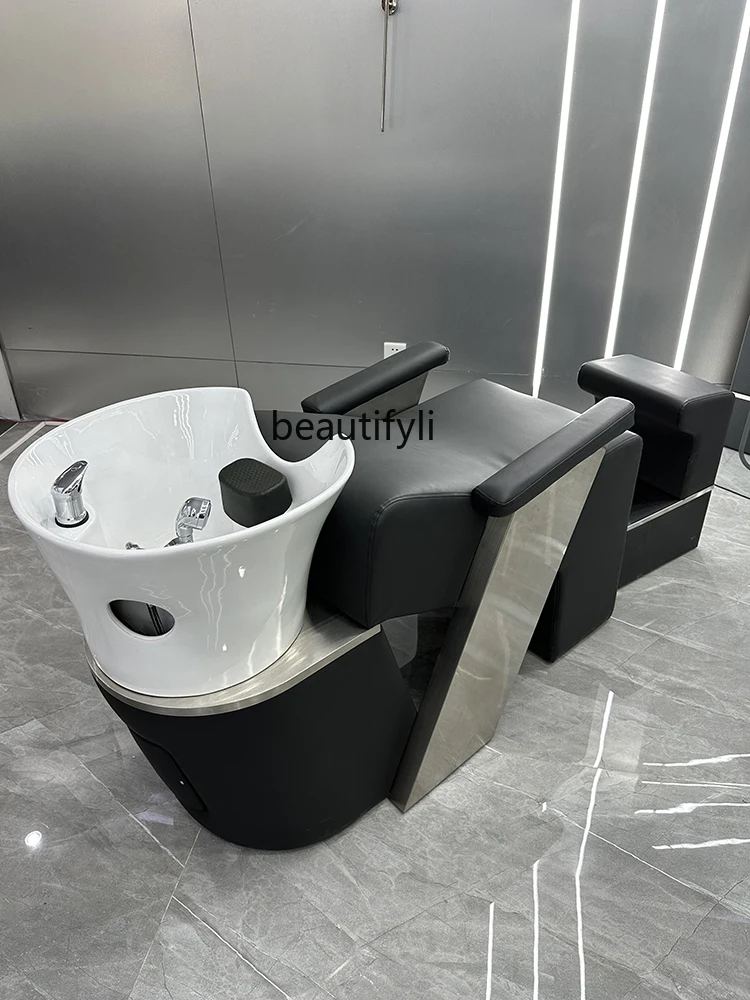 Hair Salon High-End Ceramic Basin Shampoo Chair Barber Shop for Hair Salon Stainless Steel Half Lying Hair Flushing Bed