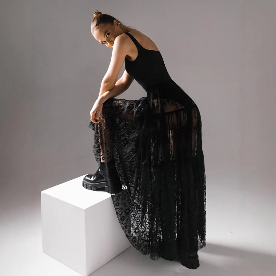 2026 Fashion Perspective Mesh Skirts Spring Summer High Waist Big Swing Lace Hollow Out Black Skirt Sexy Girl Loose Party Dress