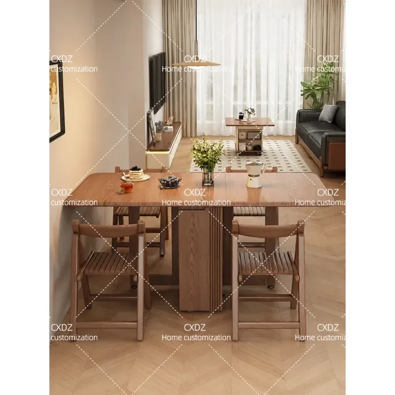 Solid Wood Foldable Dining Table and Chairs Set Rectangular Retractable Space Saving Design for Small Apartment Home Kitchen
