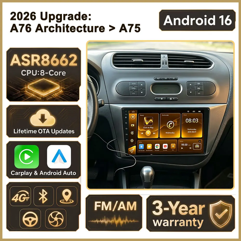 Cortex-A76 Octa-Core Android 16 For Seat Leon 2 2005-2012 Car Radio GPS Multimedia Player High-performance Touch Screen Wifi DVD