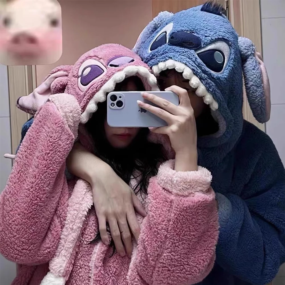 Cartoon Stitch Women's Hooded Sleepwear Fuzzy Kawaii Anime Cute Winter Warm Pajamas Night-Robe Cloaks Hooded Ponchos Couple Gift