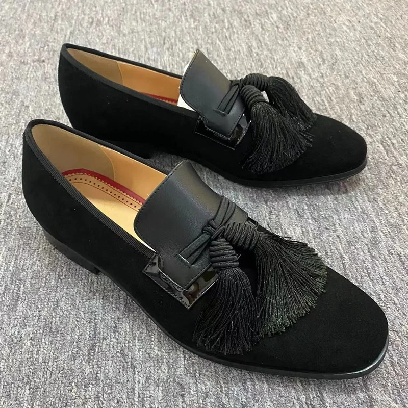

Luxury Black Man Tassel Loafers Suede Leather Shoes Handmade Slip On Men's Dress Shoes Casual Flats Party Shoes