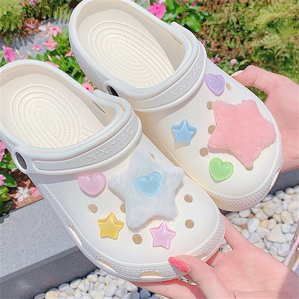 Women DIY Garden Shoes Hole Slippers Plush Star Hole Shoes Sandals Women's Casual Summer Outdoor Beach Slippers