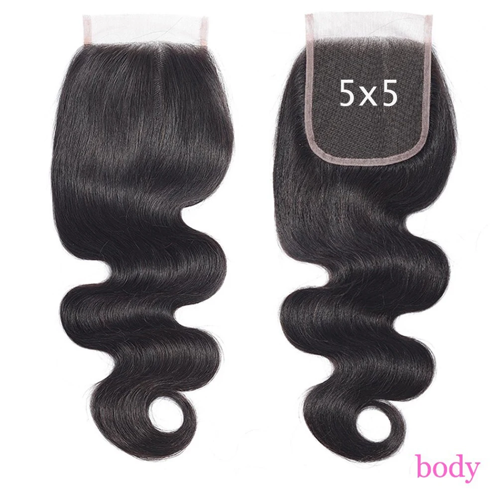 الجسم موجة 5x5 الدانتيل إغلاق الشعر البشري البرازيلي 5x5 السويسري الدانتيل الشفاف إغلاق 10-24 بوصة اللون الطبيعي للنساء السود
