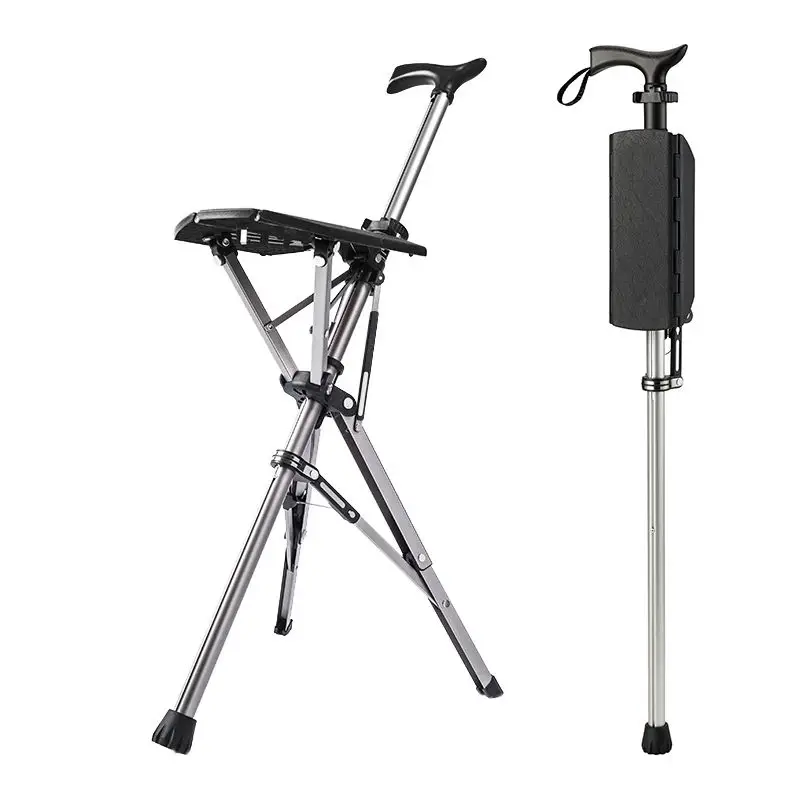 

Cane with Chair Folding Crutch Elderly Rest Stool Light Multifunctional Non Slip Portable Stools Camping Chair for Outdoors