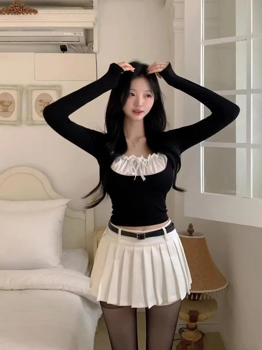 Camisetas de otoño, camiseta de manga larga adelgazante con cuello cuadrado fino y arrugas dulces, ropa superior Base