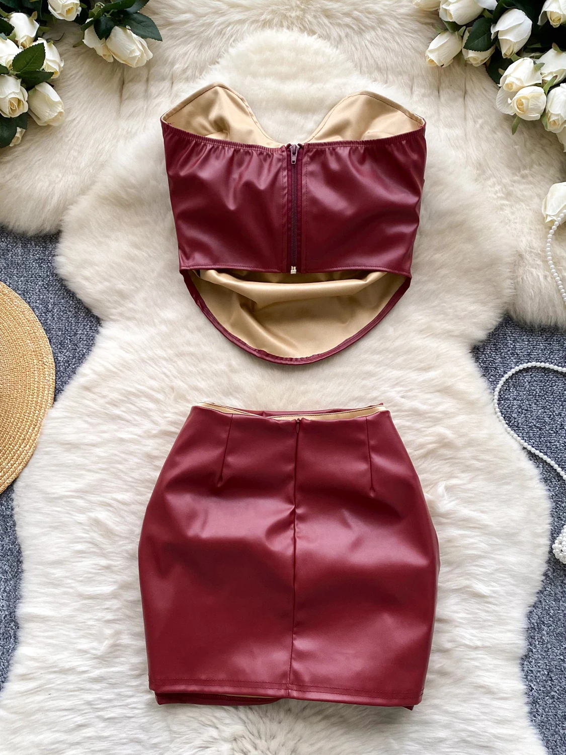 Foamlina American Ins Trendy Plissee Taille Ärmelloses Tube Top + Damen Enger Leder Pu Rock Zweiteiliger Minirock Anzug