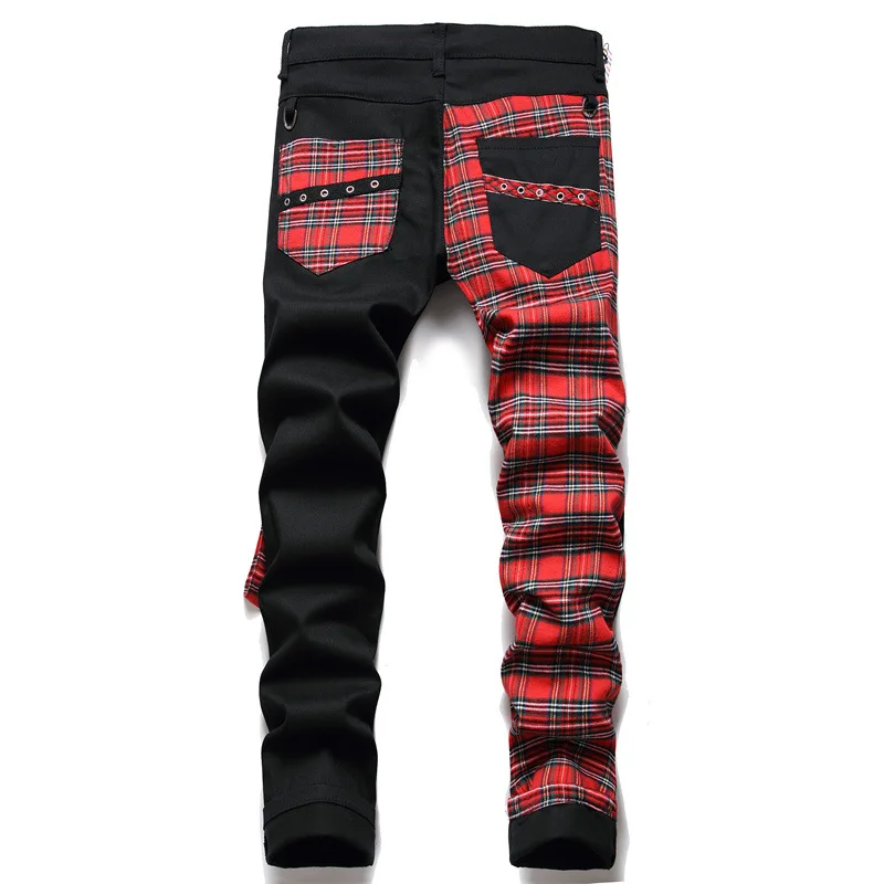 New Fashion Red Plaid Patchwork Punk Zipper Men Pencil Jeans Trousers Buckle Straps Hip Hop Jeans Gothic Slim Denim Pants