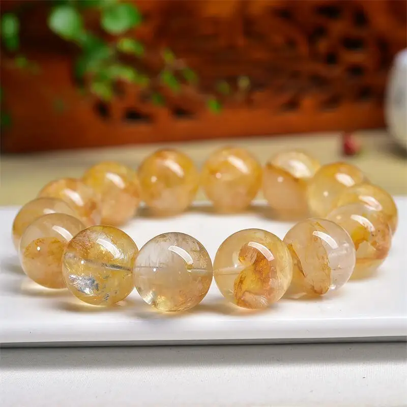 

16MM Natural Yellow Fire Quartz Hematoid Bead Bracelet Crystal Yoga Reiki Healing Fengshui Stretch Female Holiday Gift 1pcs
