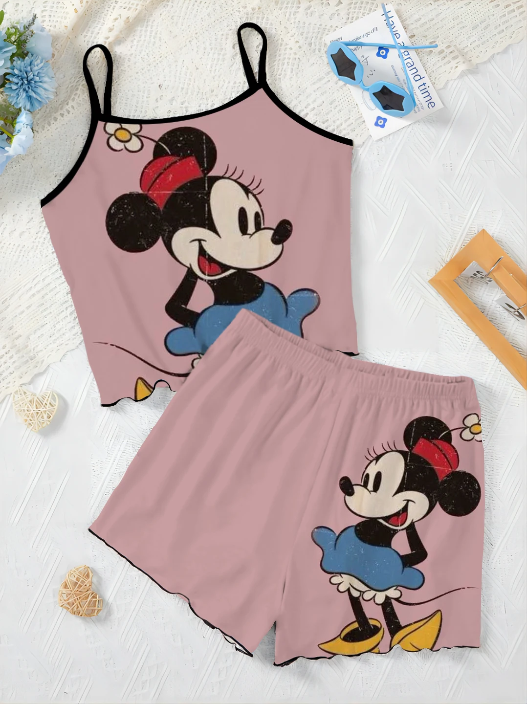 Ensemble jupe pyjama trempée Minnie Mouse pour femme, haut court, garniture en laitue, robe de maison, t-shirt élégant, Disney, 2 pièces