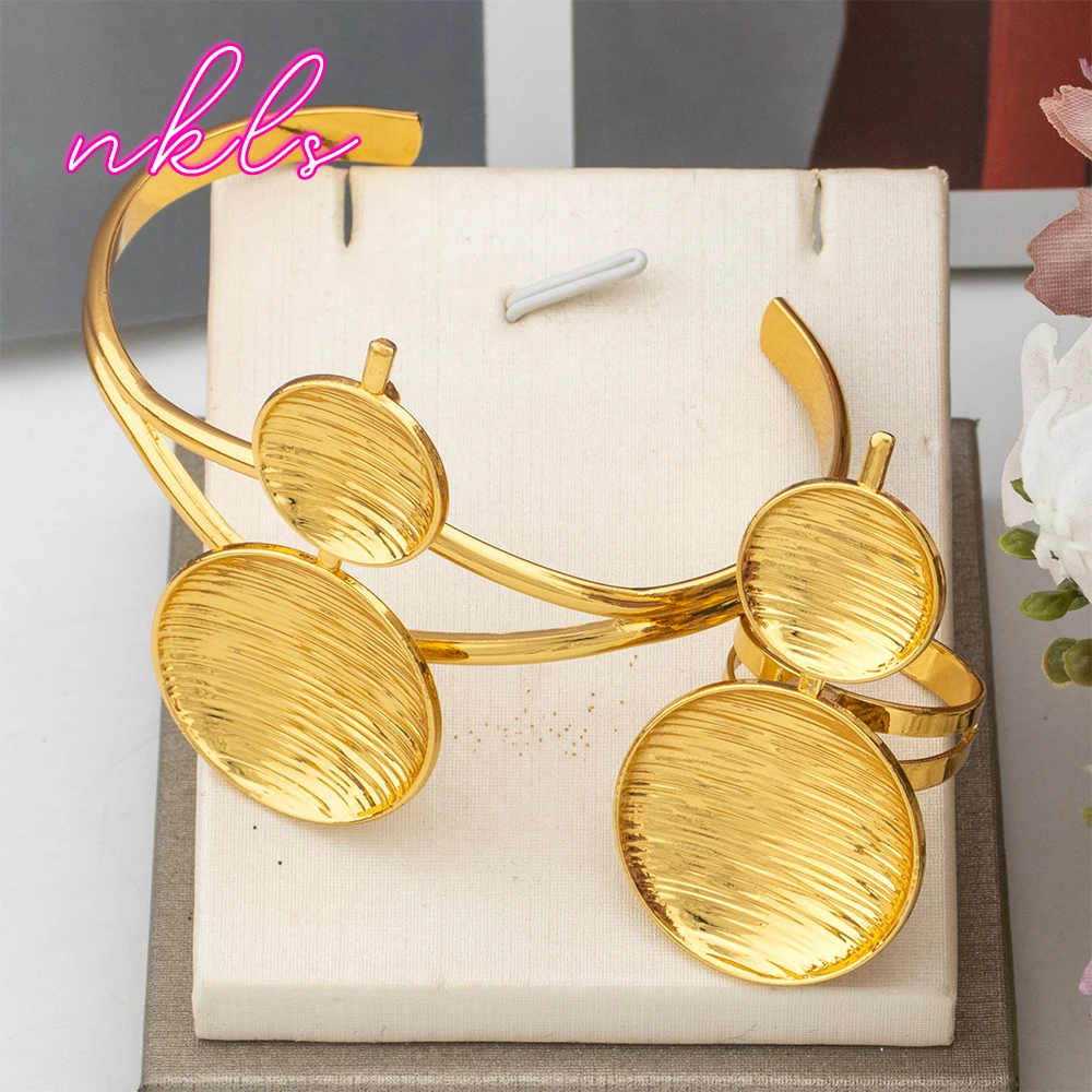 Luxury Gold Color Jewelry Set for Women Dubai African Fashion Round Design Bangle Earrings Necklace Ring Set Wedding Party Gift