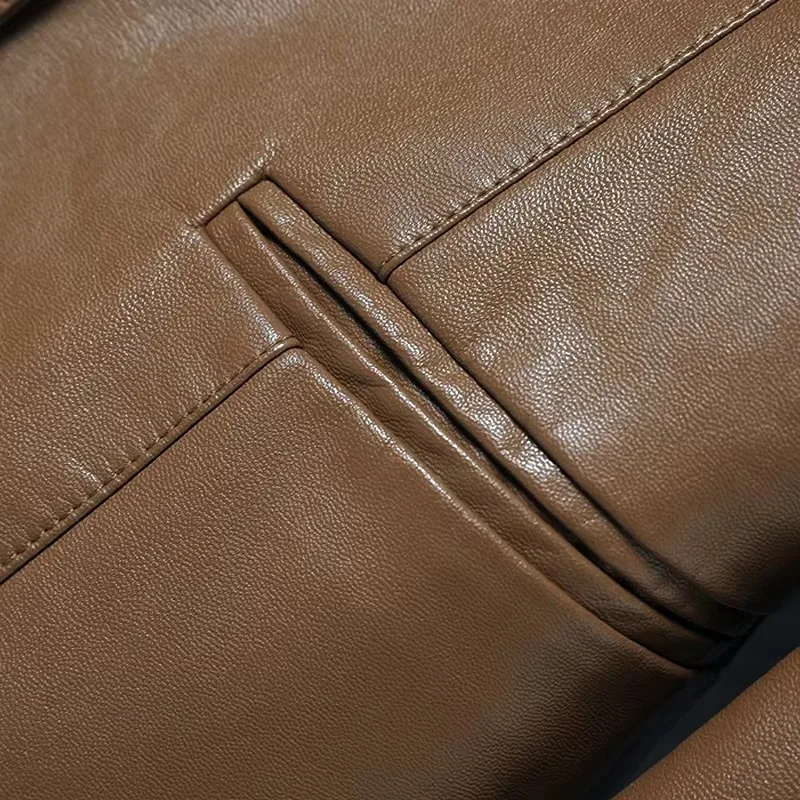 سترات نسائية من جلد الغنم ، ياقة طية صدر ، بصف واحد ، سيدات مكتب ، سترة قصيرة غير رسمية ضيقة ، موضة جديدة ،