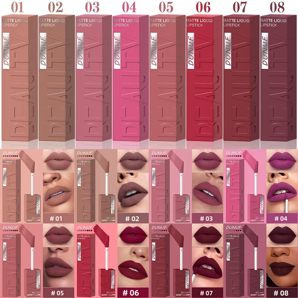 Aksamitny błyszczyk do ust Wodoodporny Matowy Długotrwały Nawilżający Szminka Nieprzenosząca się Bogaty Kolor Seksowny Brąz Kwadratowa Tubka 8 Odcieni