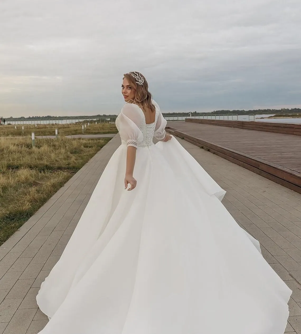 Vestidos de noiva de organza para mulheres, mangas curtas, vestido de baile com gola V, vestido de noiva, tamanho grande, vestido de noiva