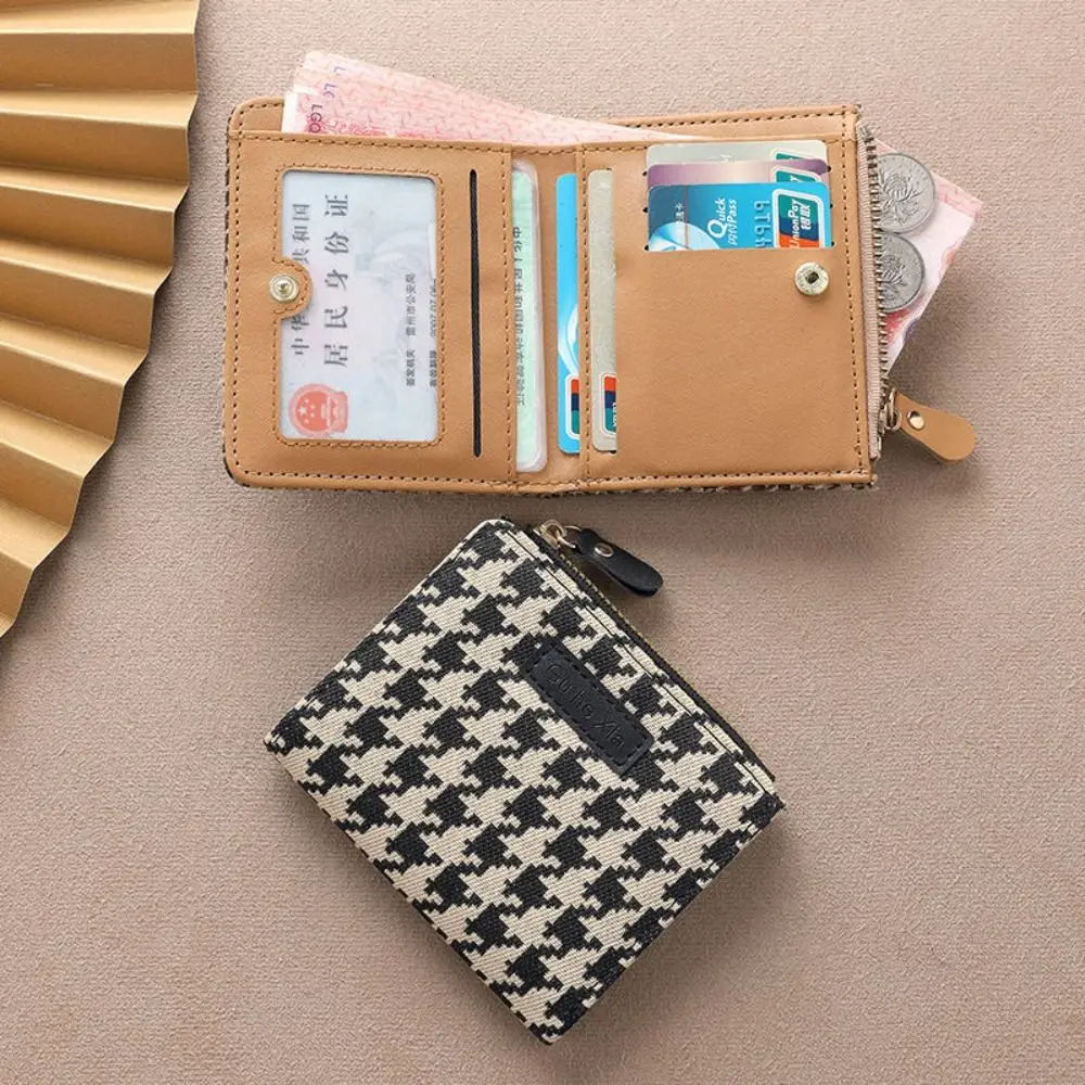 Zipper Houndstooth Short Wallet Card Pocket Korean Style Card Holder Clutch Bag Multi-card Slot PU Leather Card Bag Female