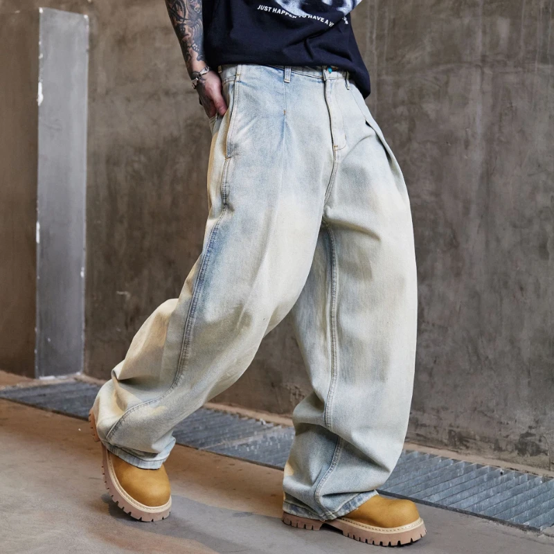 

Pants Denim Men Jeans Wide Leg Long Pant Vintage Washed Fade Loose High Waist Straight Trousers Y2k Streetwear Work Casual 2026