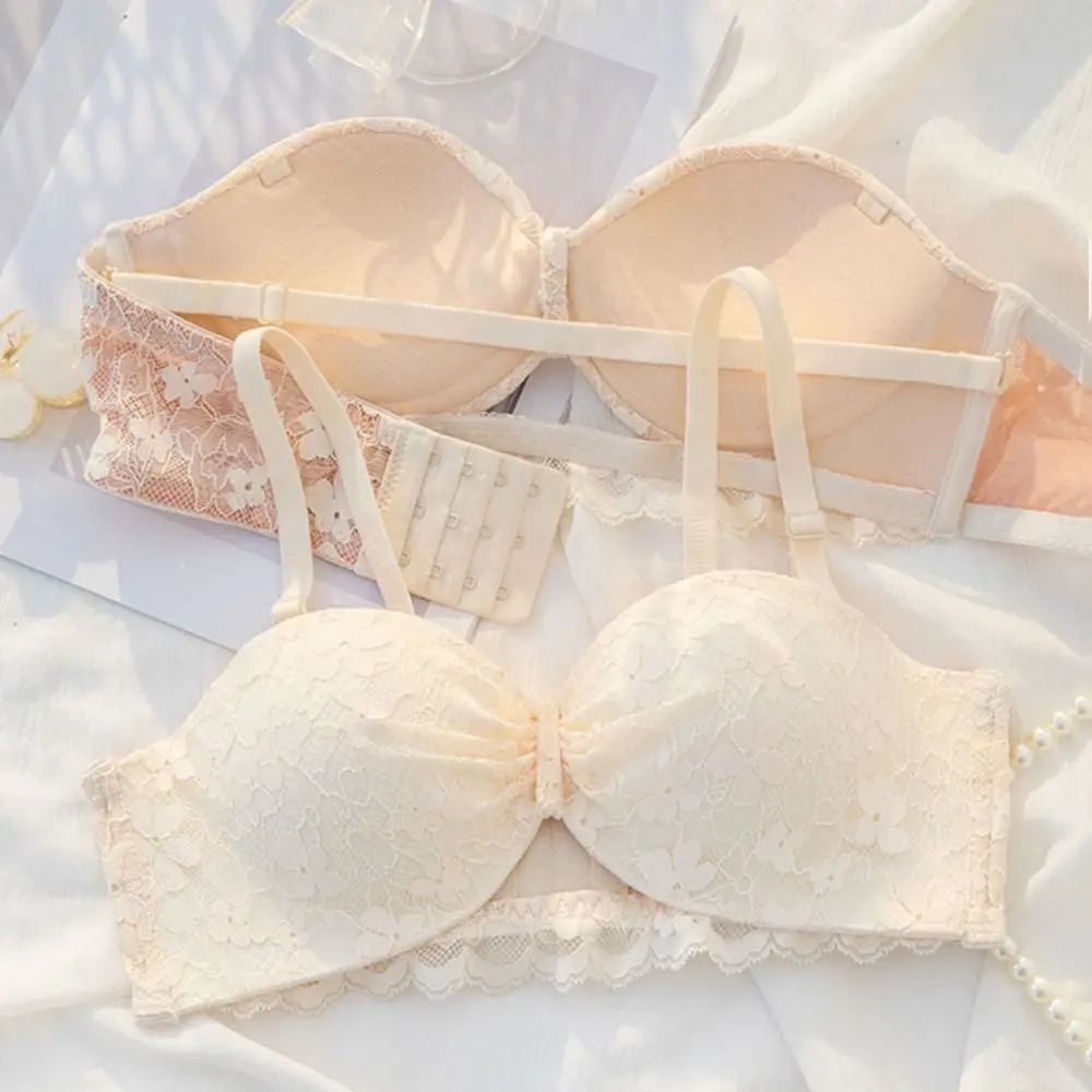 

Close-fitting Mesh Wireless Bra Shockproof Sweet Push Up Underwear Lingerie Gathered Breasts Floral Lace Deep V Bra Summer