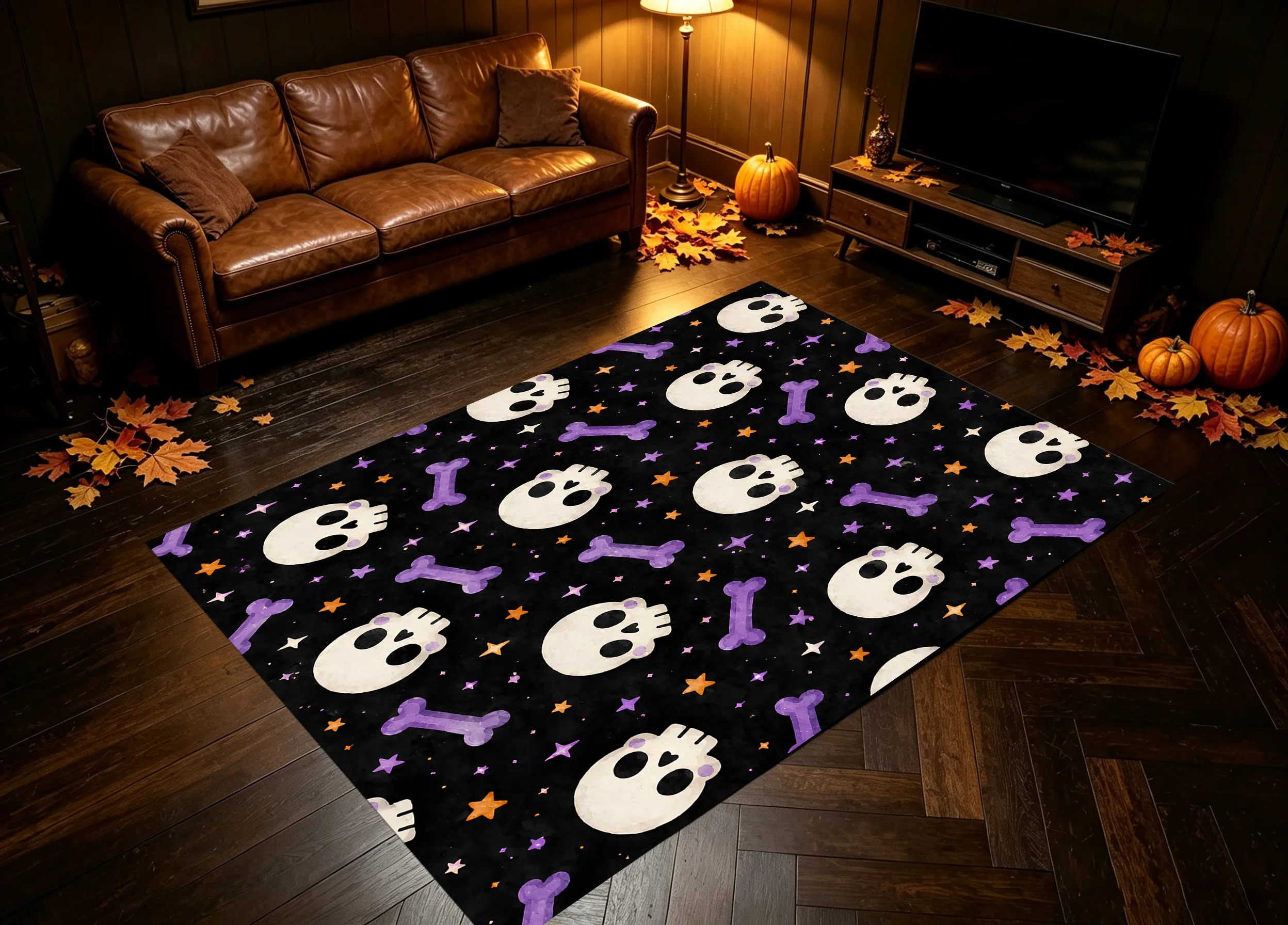 Velvet Rug Cartoon Skull Purple Bone Star All over Quirky Fun for Entryway Bedroom Party Decor