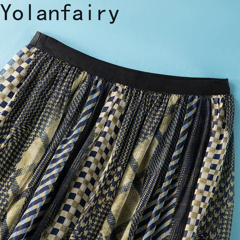 YOLANFAIRY 100% Real Mulberry Silk Skirts for Women Summer 2026 Fashion Plaid Skirt Elastic Waist Elegant Skirt Woman Clothing