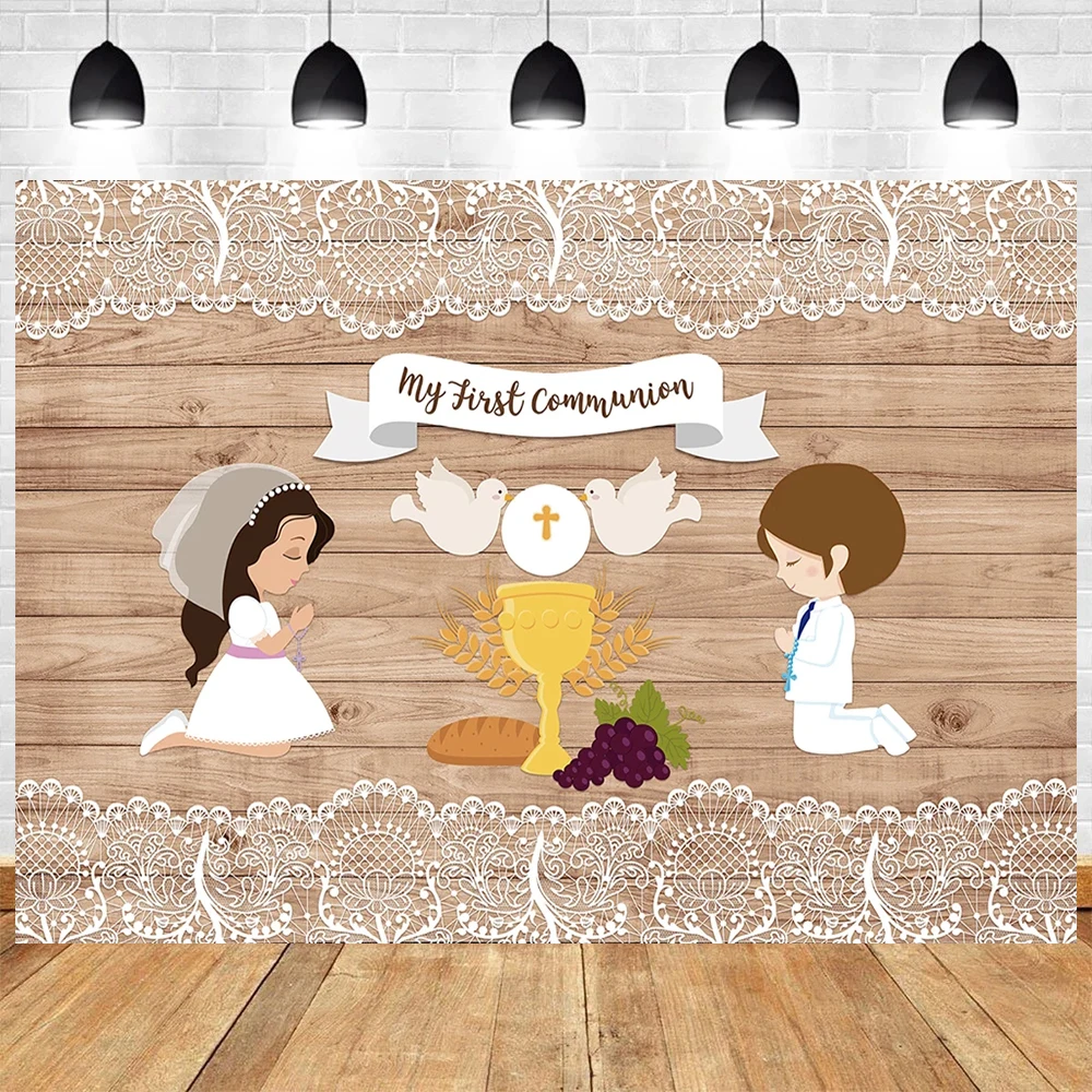 Mi Primera Comunión Theme Photography Boy And Girl Baptism Gold Cross Dove Flower First Communion Background Poster Photo Studio
