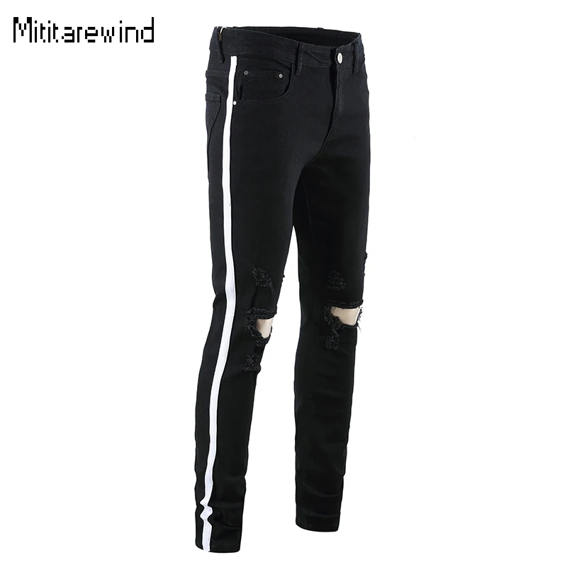 Four Seasons Black Jeans Men High Street Ripped Jeans White Webbing Edge Stretch Full Length Slim Jeans Youth Fashion Man Pants