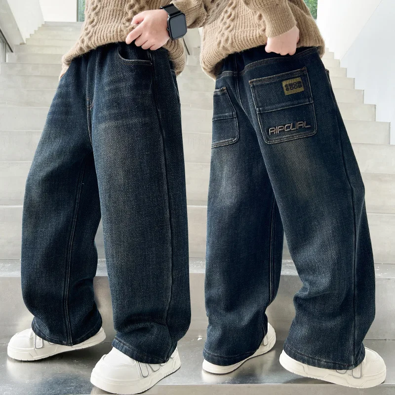Classic Kids Child Dark Blue Loose Straight Jeans Trousers For Tweens Boy Luxury Relaxed Fit Denim Pants With Letter Pocket