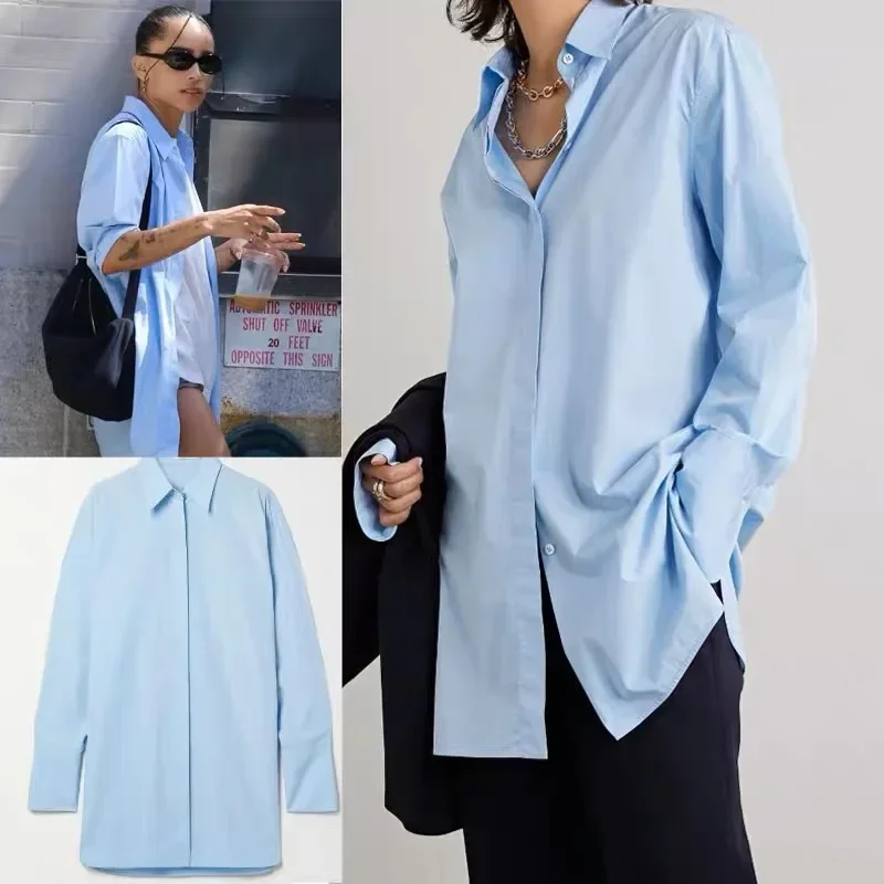 

Shirt Women's Spring/Summer New Blue Cotton Poplin Loose and Simple Small, Lazy Style Mid Length Shirt