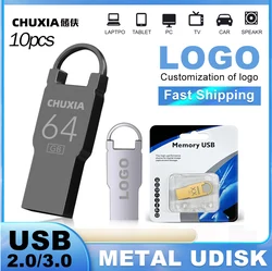 New 10PCS/LOT Free Custom LOGO USB Flash Drive 2.0 High Speed Pen Drive 16GB 32GB 64GB 128G Pendrive Metal U Disk with Packaging