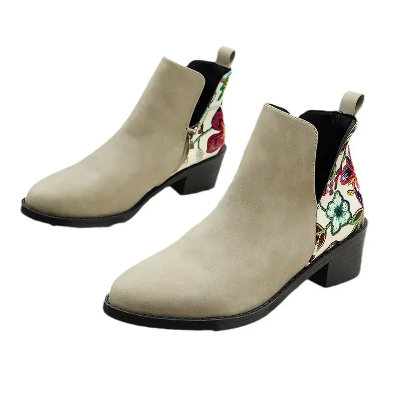 Retro Mid Heels Pointed Toe Casual Ankle Boots Autumn Flower Patterned Patchwork Boots Botas Mujer Booties Feminina Women Shoes