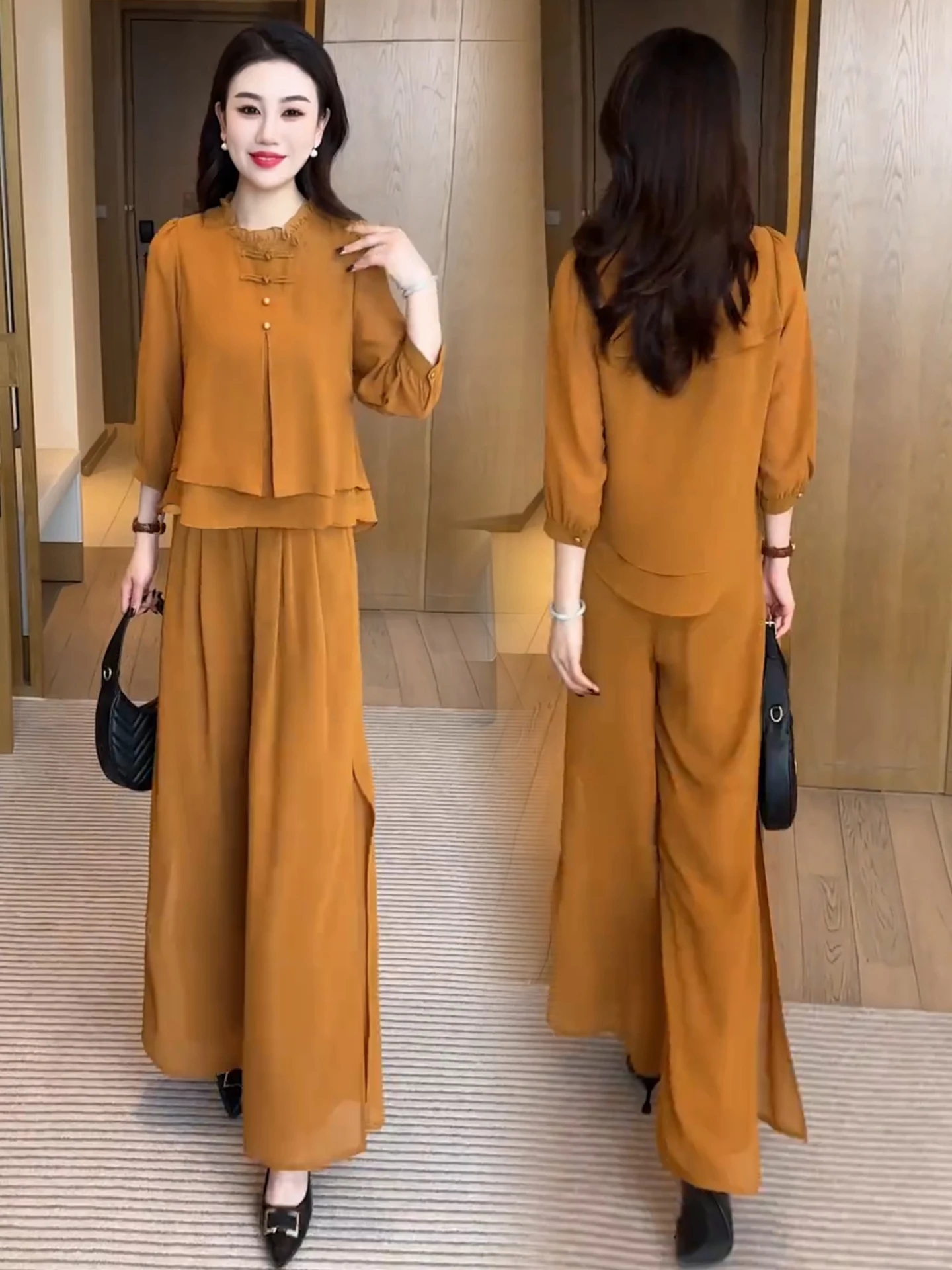 New Chinese Style Fashion Set Women's Spring Summer New Style Slimming Button Chiffon Top Wide Leg Pants Two Piece Set