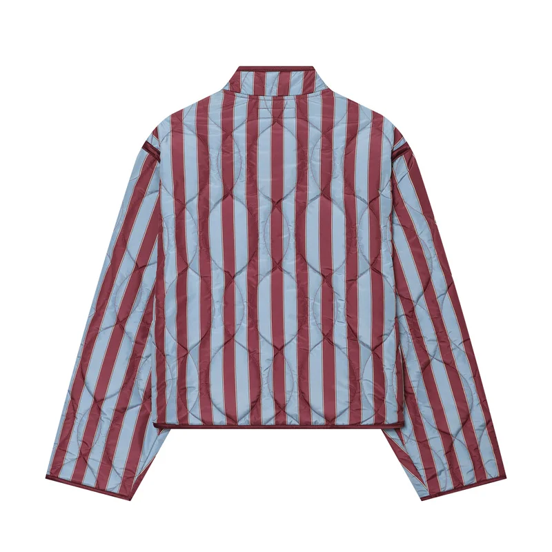 Guobioziy 2026 Autumn Classic Red Blue Stripe Quilted Jacket Women Frog Button Padded Coat Vintage Style For Holiday Season