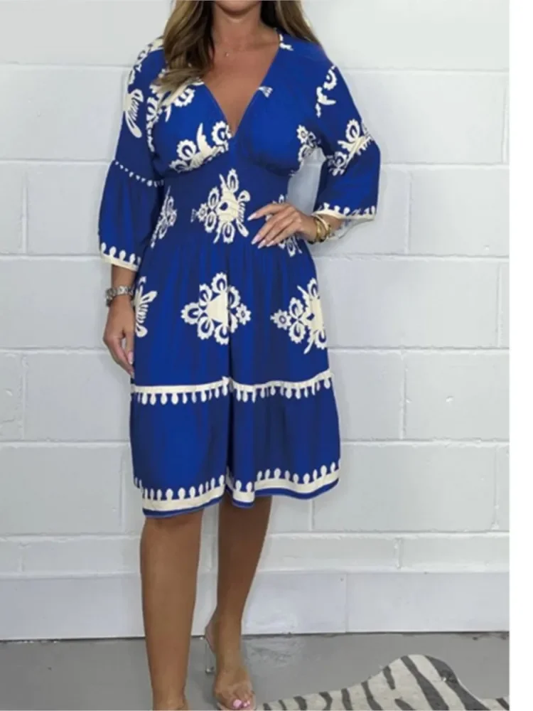 Summer Sexy V-neck Boho Dress Loose Half Sleeve Elastic High Waist A-line Midi Dresses for Women Fashion Beachdress Robe