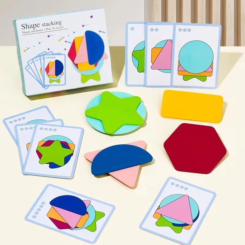 Wooden Geometric Shapes Stacked Color Recognition Games Fun Shape Stacking Puzzles Logical Thinking Training Educational Toys