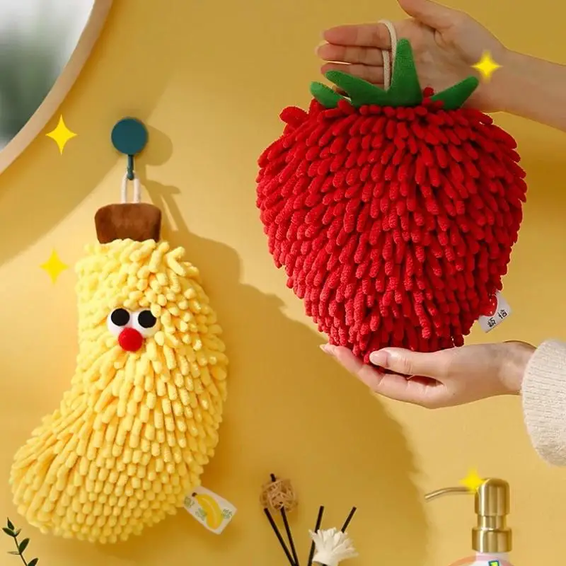 **1PC Hand Towel For Kitchen And Bathroom Banana/Strawberry Shaped Hanging Washcloth Chenilles Cloths Soft Absorbent Towel