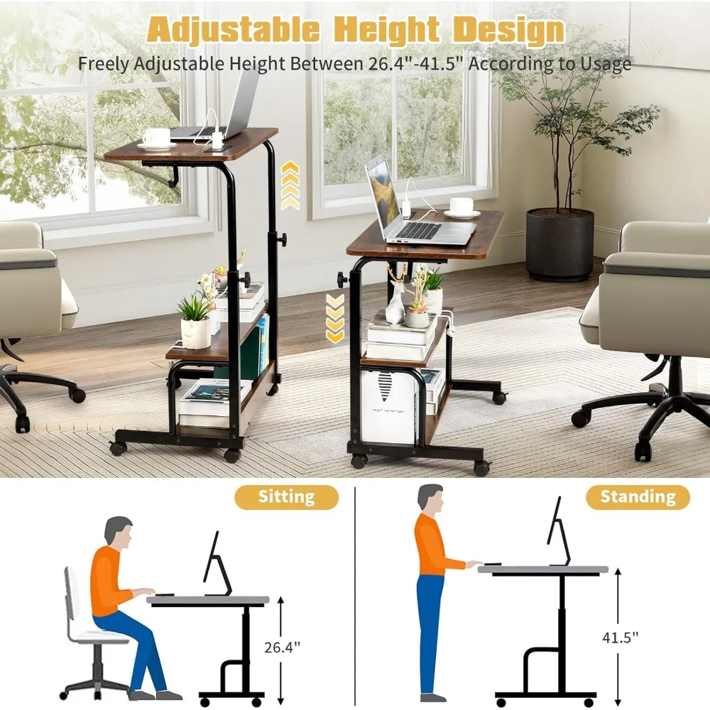 مكتب دوار محمول من كارل هوم 31.5 مع ميزة قابلة للتعديل للارتفاع للاستخدام الدائم، مكتب على عجلات مع منفذين تيار متردد و3 USB #6