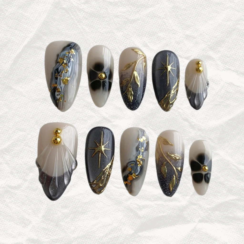 

24 шт., темные блестящие накладные ногти «кошачий глаз», 3D рябь с цветочным узором, французские накладные ногти, золотая звезда, миндаль, съемный пресс