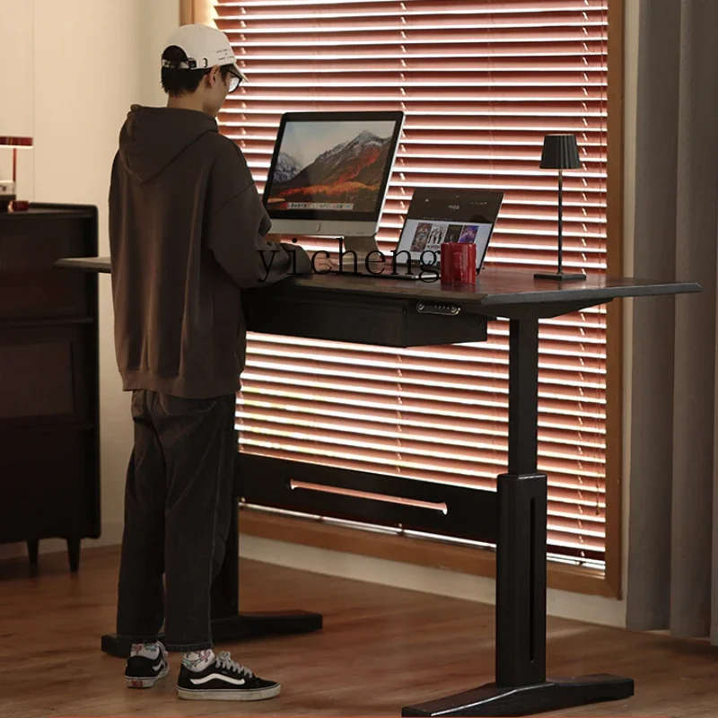 Zf Solid Wood Black Intelligent Electric Lifting Table Household Double Motor Workbench Computer Desk