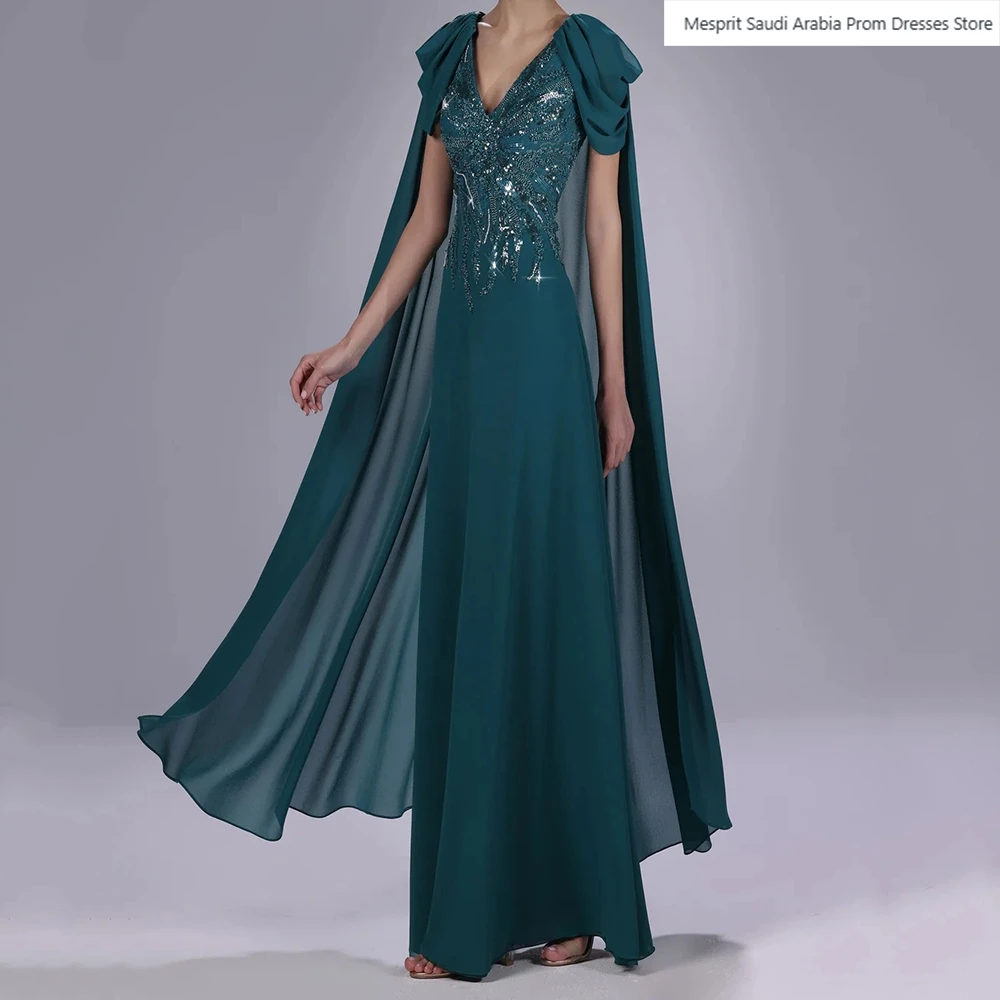 

Women's A-line Evening Dresses Floor-length V-neck Sleeveless Prom Gown Fashion Sequined Simple Stole Draped Customized Gown