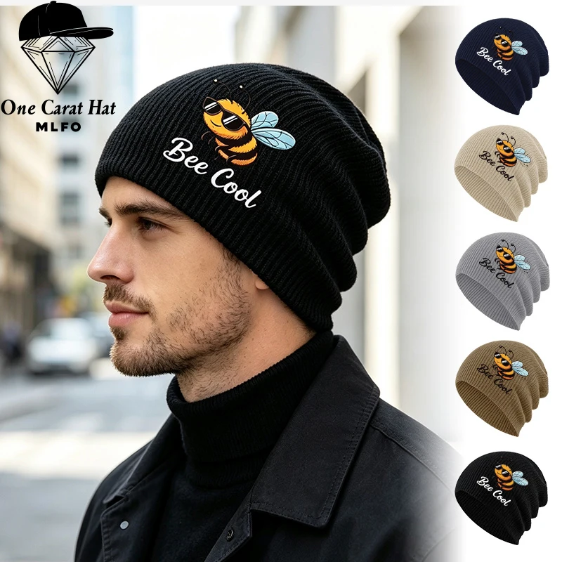 Fun Trendy Slouchy Beanie, Bee Cool Sunglasses Bee Graphic Print, For Daily Street Look, Holiday Hangout & Casual Party