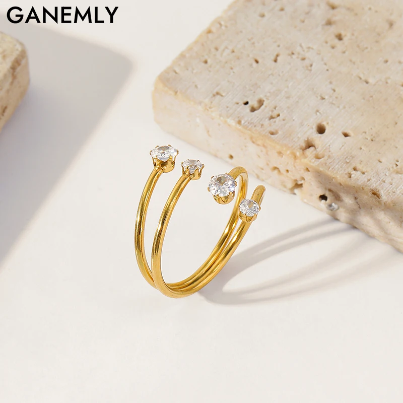 GANEMLY 316L Stainless Steel Exquisite Cubic Zirconia Open Ring Women Chic Fashion Gold Color Waterproof Finger Rings Jewelry
