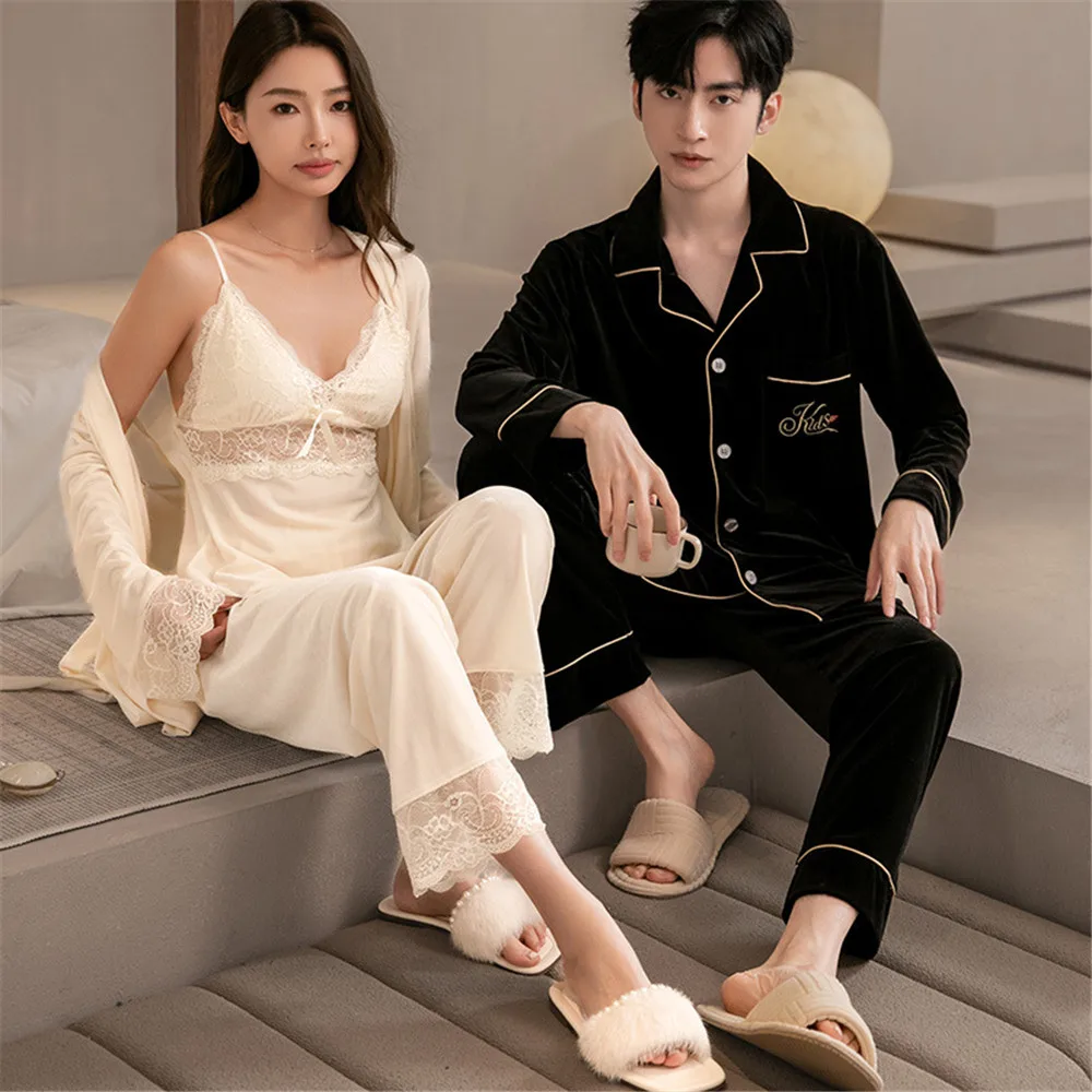

Autumn Winter Women Robe Sling Pants Velvet Three-Piece Sleepwear Set Home Clothes Men Long Sleeve Shirt Pants 2Pcs Pajamas