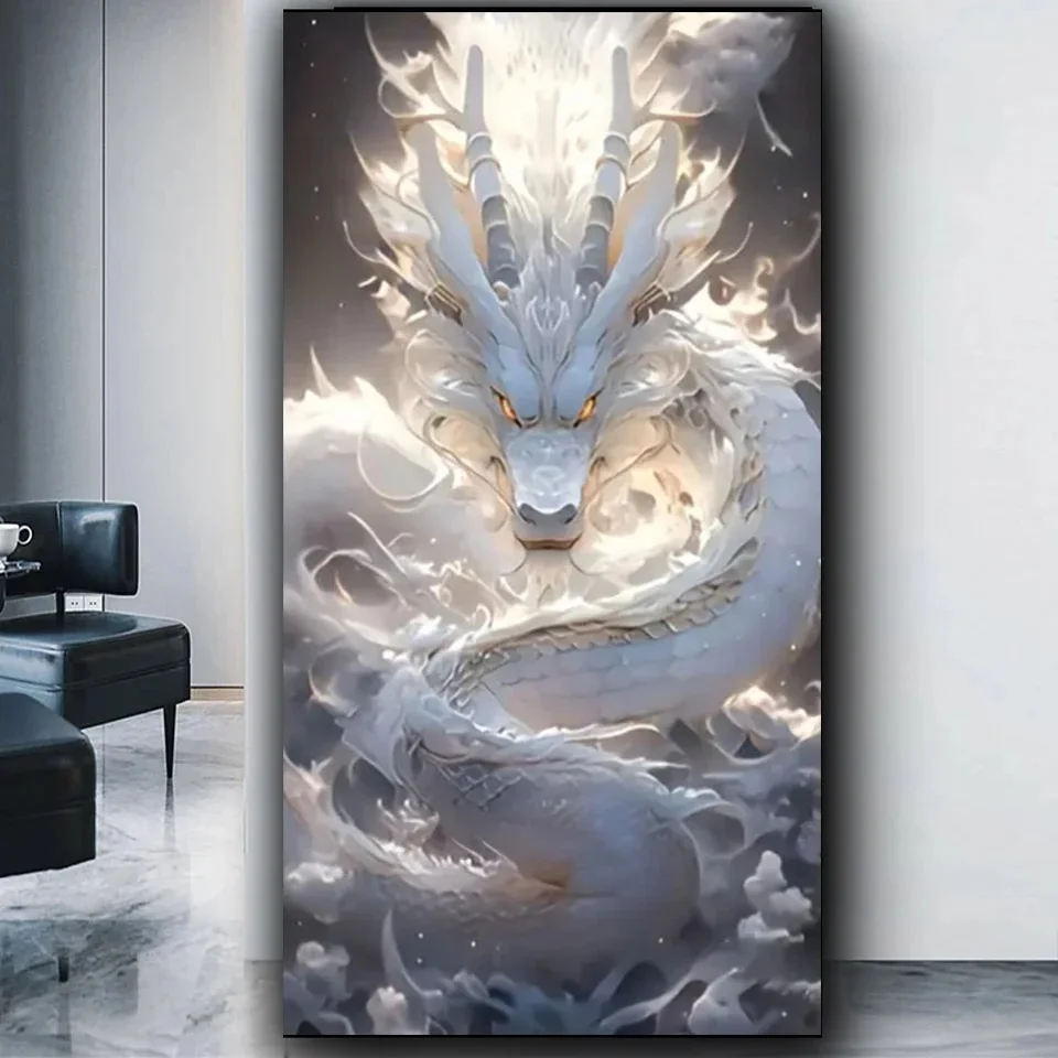

White Dragon Diy Diamond Painting Large Size Full Square Round Diamond Mosaic Embroidery Animal Theme For Wall Decor, ﻿