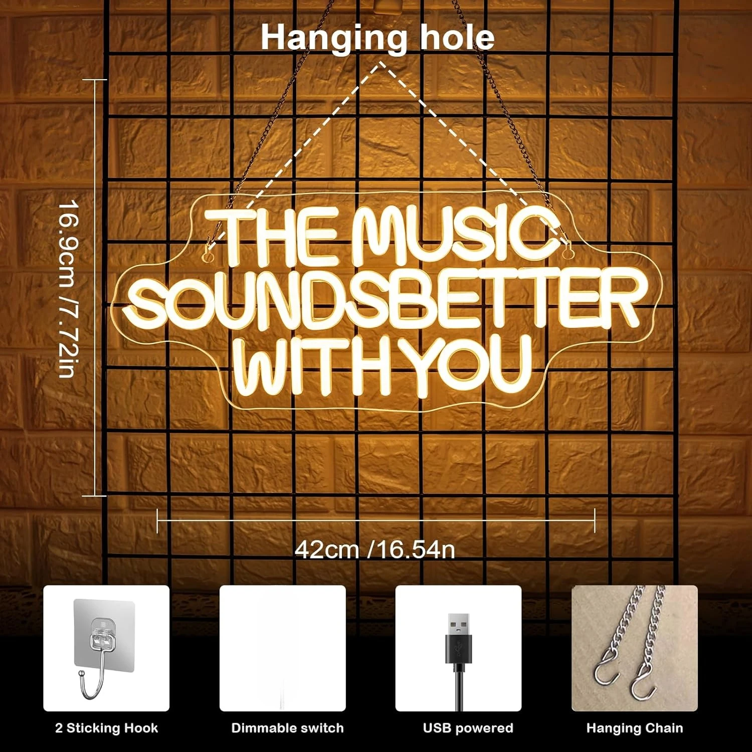 The Music Sounds Better with You LED Neon Sign USB Dimmable Neon Light for Music Bar Music Studio Party Gift Wall Decor
