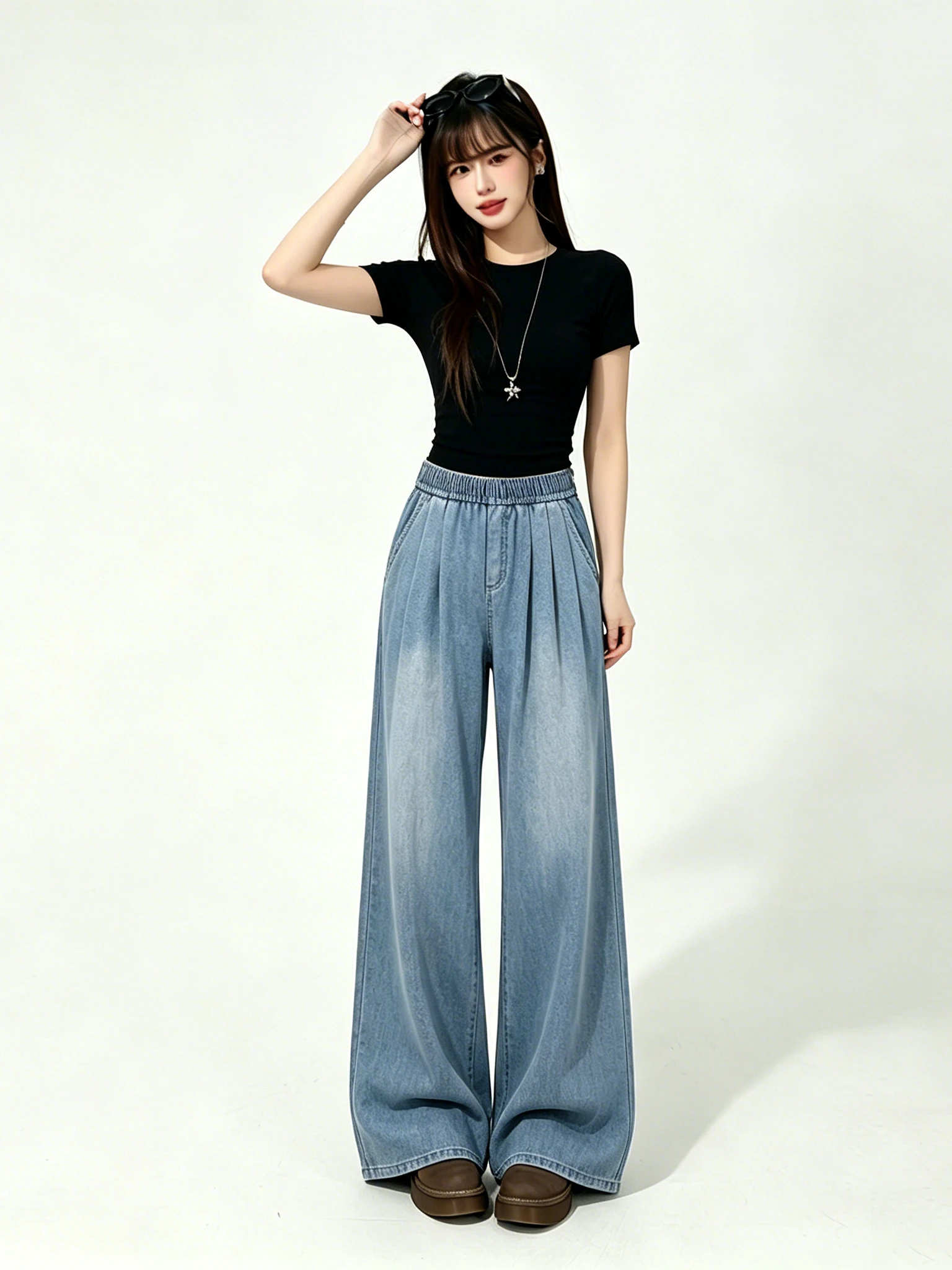 

Retro Blue Washed High Waist Loose Slimming Straight Leg Jeans Women's Summer New Style Thin Floor-Length Pants